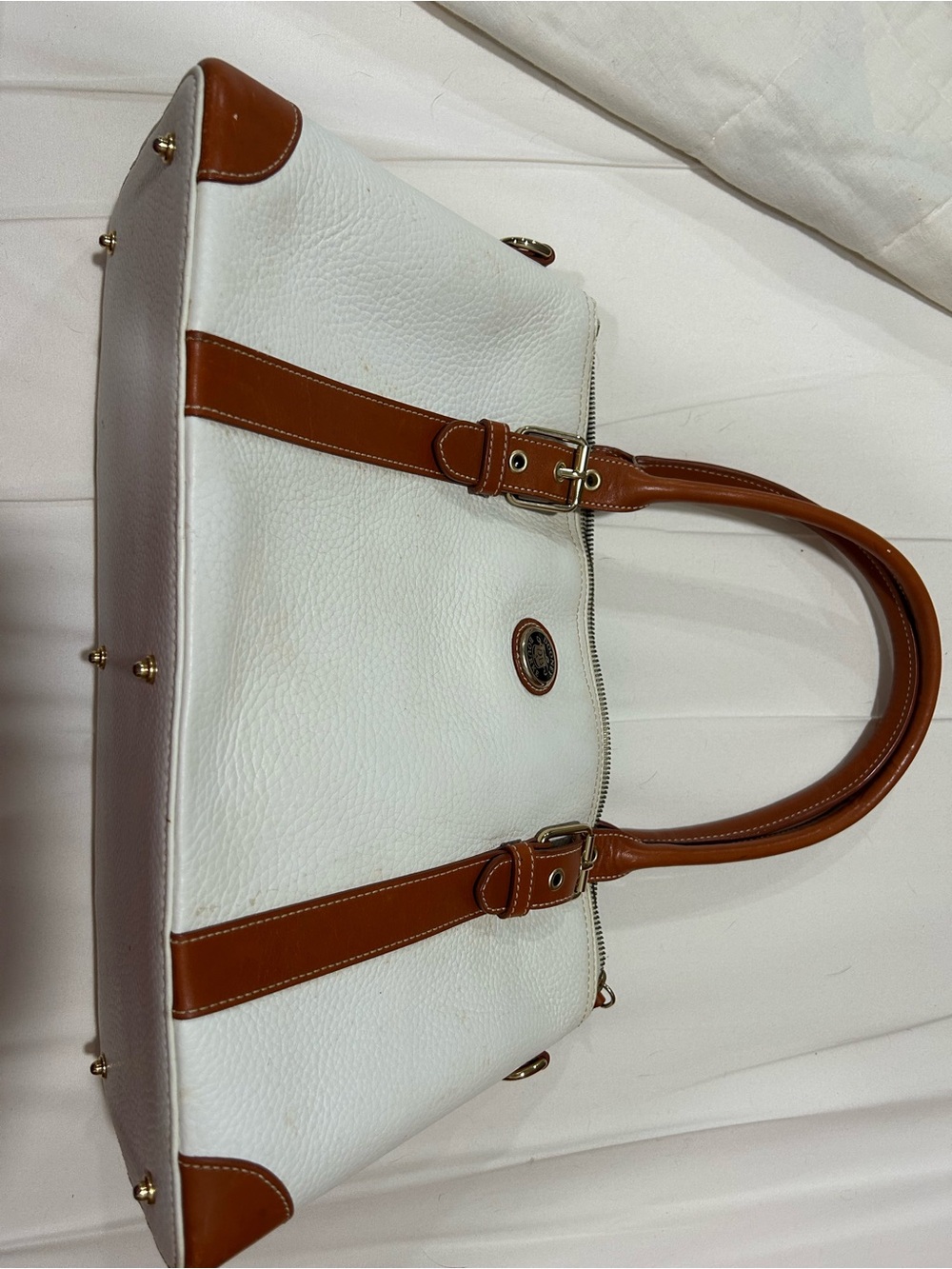 Vintage Dooney & Bourke White Leather Tote with Tan Trim and Gold Hardware